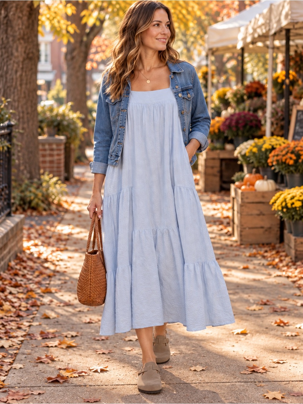Millibon Blue Tiered Cotton Midi Dress Boho Fall Medium